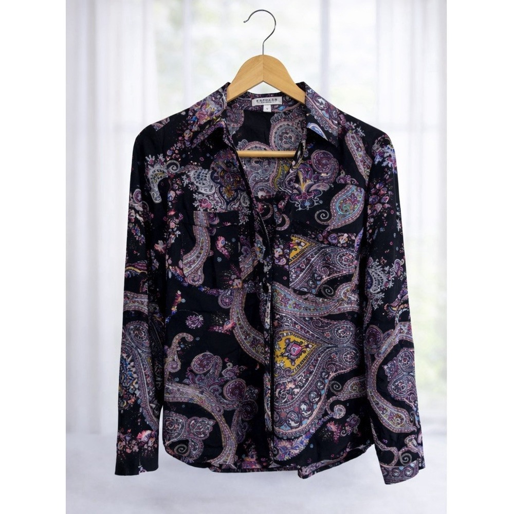 Express Portofino Shirt Office Button Up Roll Tab Sleeves Blouse Paisley Size XS